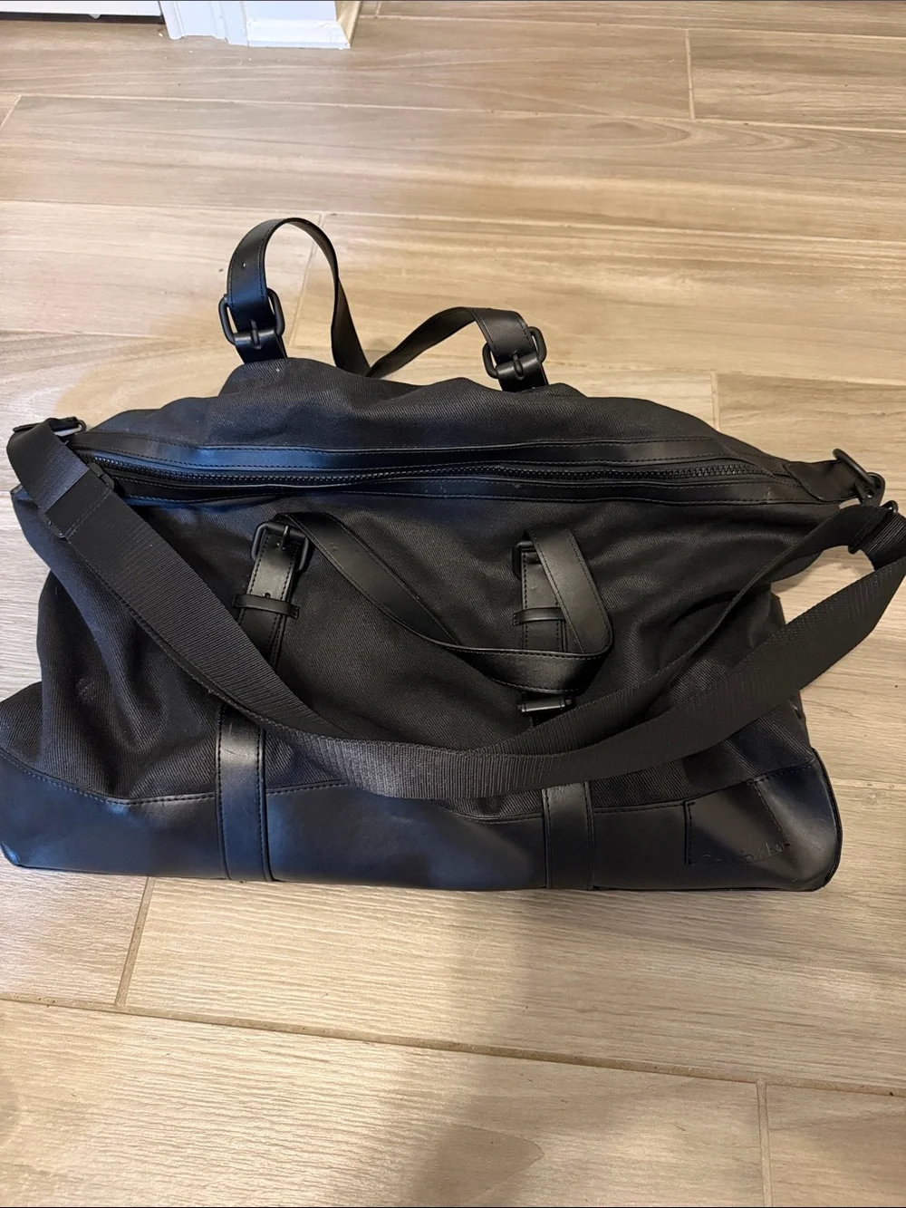 Calvin Klein Black Duffel Travel Bag with Leather Trim